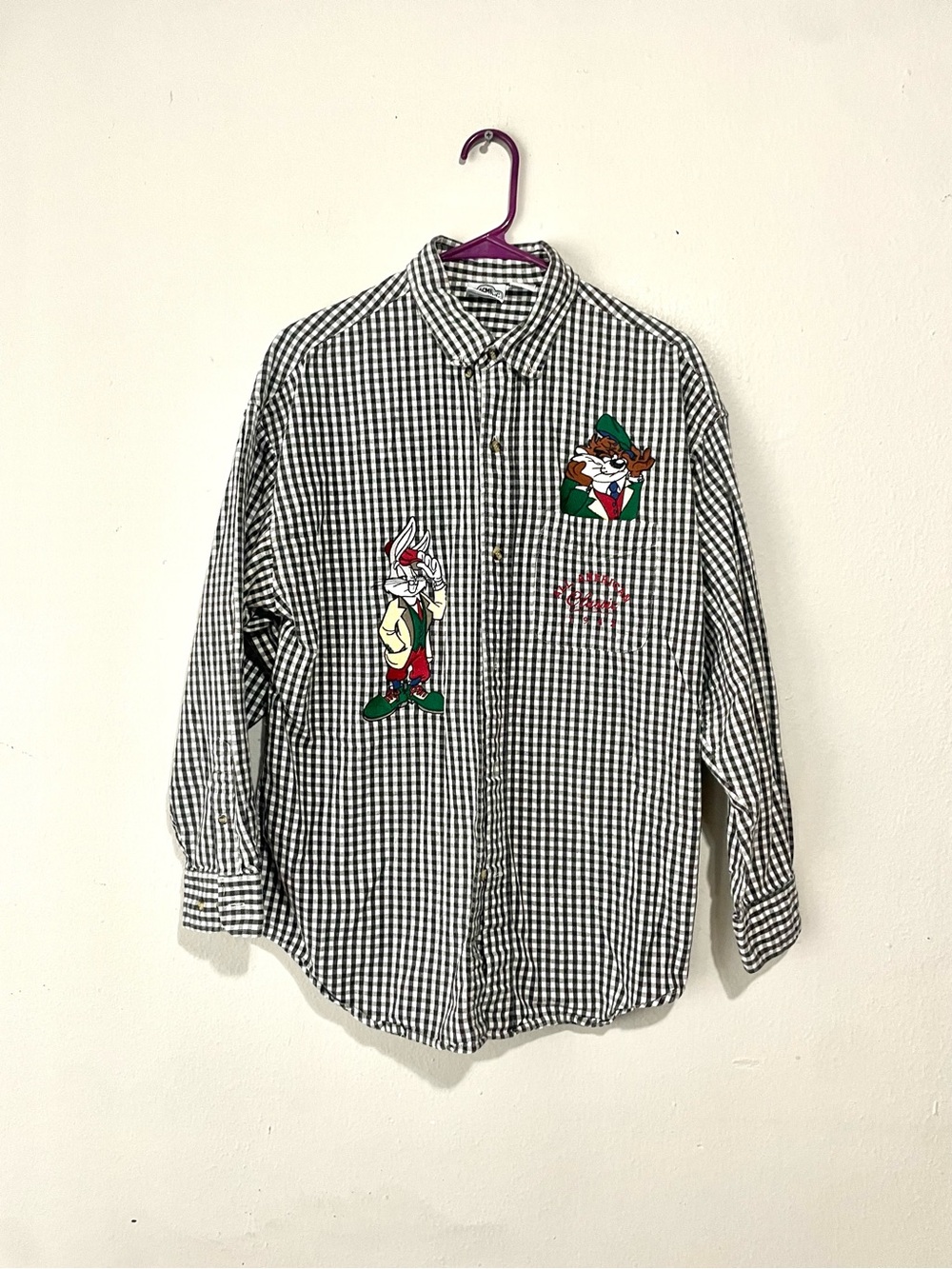 Acme Clothing Button Up Shirt Mens Large Gingham Bugs Taz Embroidered